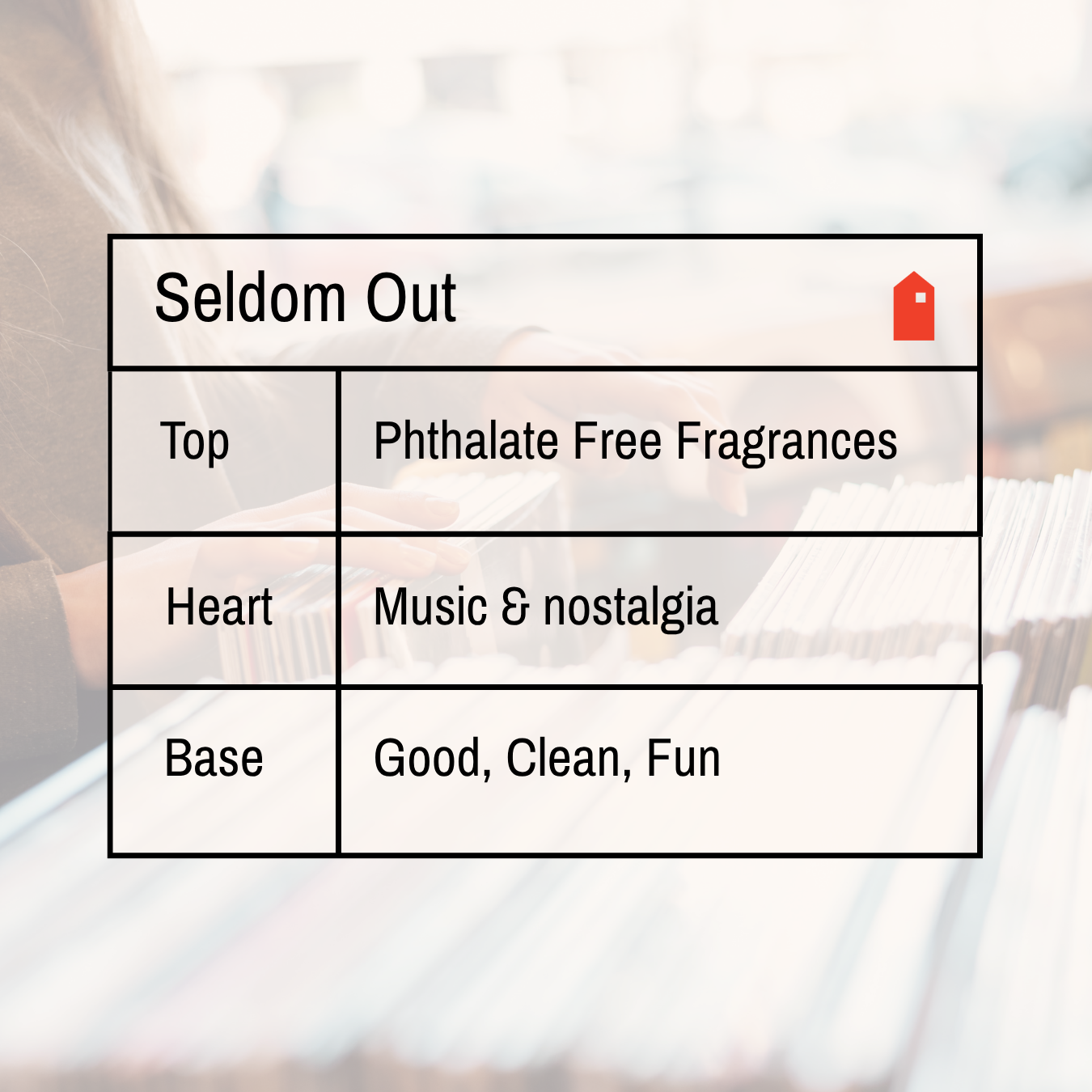 Seldom Out values in the style of a fragrance notes chart. Reading Top: Phthalate free fragrances, heart: music and nostalgia, base: good clean fun.